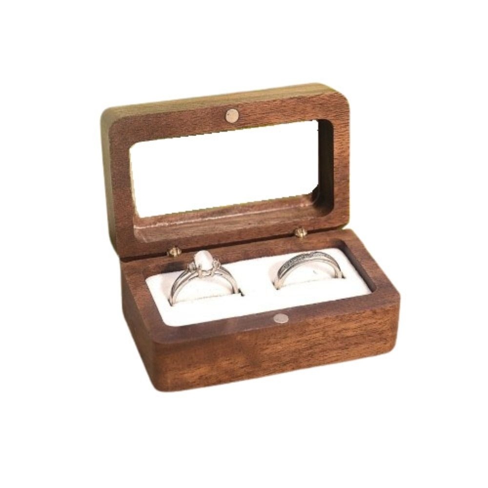 Caja de anillo de madera con doble ranura, ventana de apertura Rectangular, caja de gemelos de nogal negro, exquisito soporte para anillo de joyería a prueba de polvo: Negro