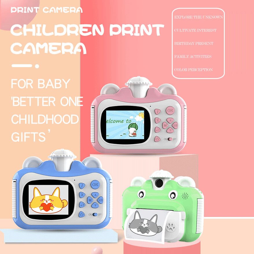 Children Instant Print Camera Rotatable Lens 1080P HD Kids Camera Toys with Thermal Photo Paper 32GB TF Card