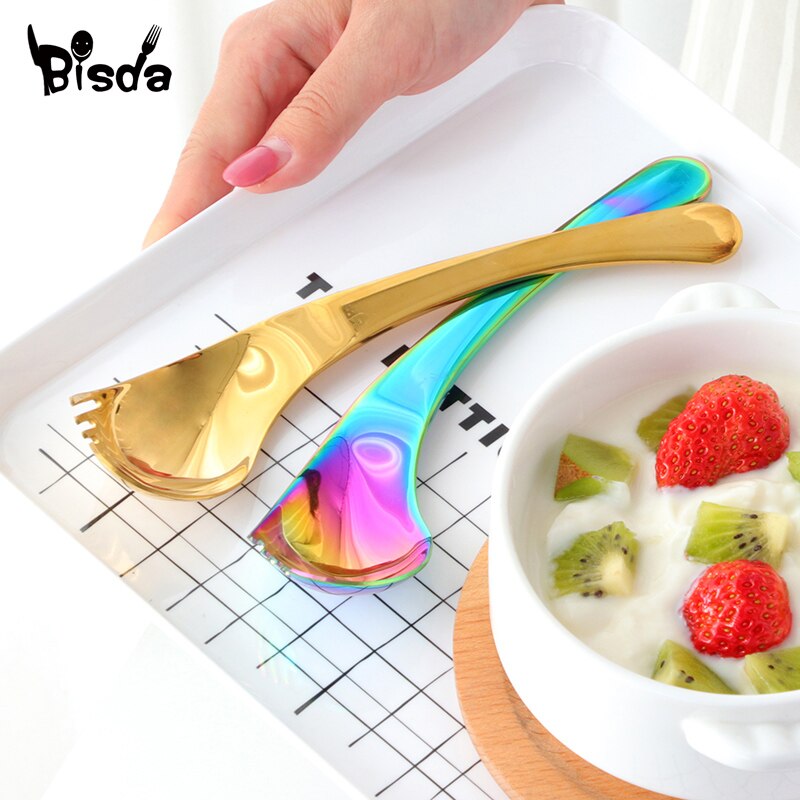 Cuchara de acero inoxidable para ensalada, 2 en 1 cuchara curva multifunción creativa, tenedor para fruta, Yogurt, vajilla, 8 colores, 2 uds.