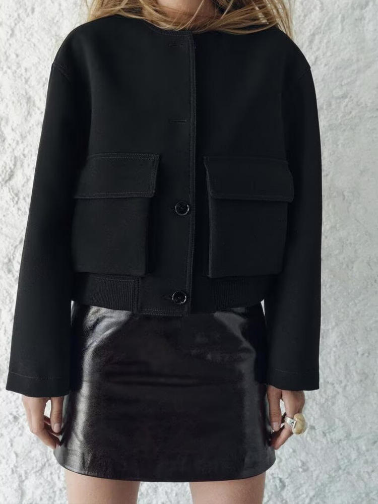 2024 autunno e inverno nuova moda donna semplice nero allentato girocollo tasca giacca corta cappotto
