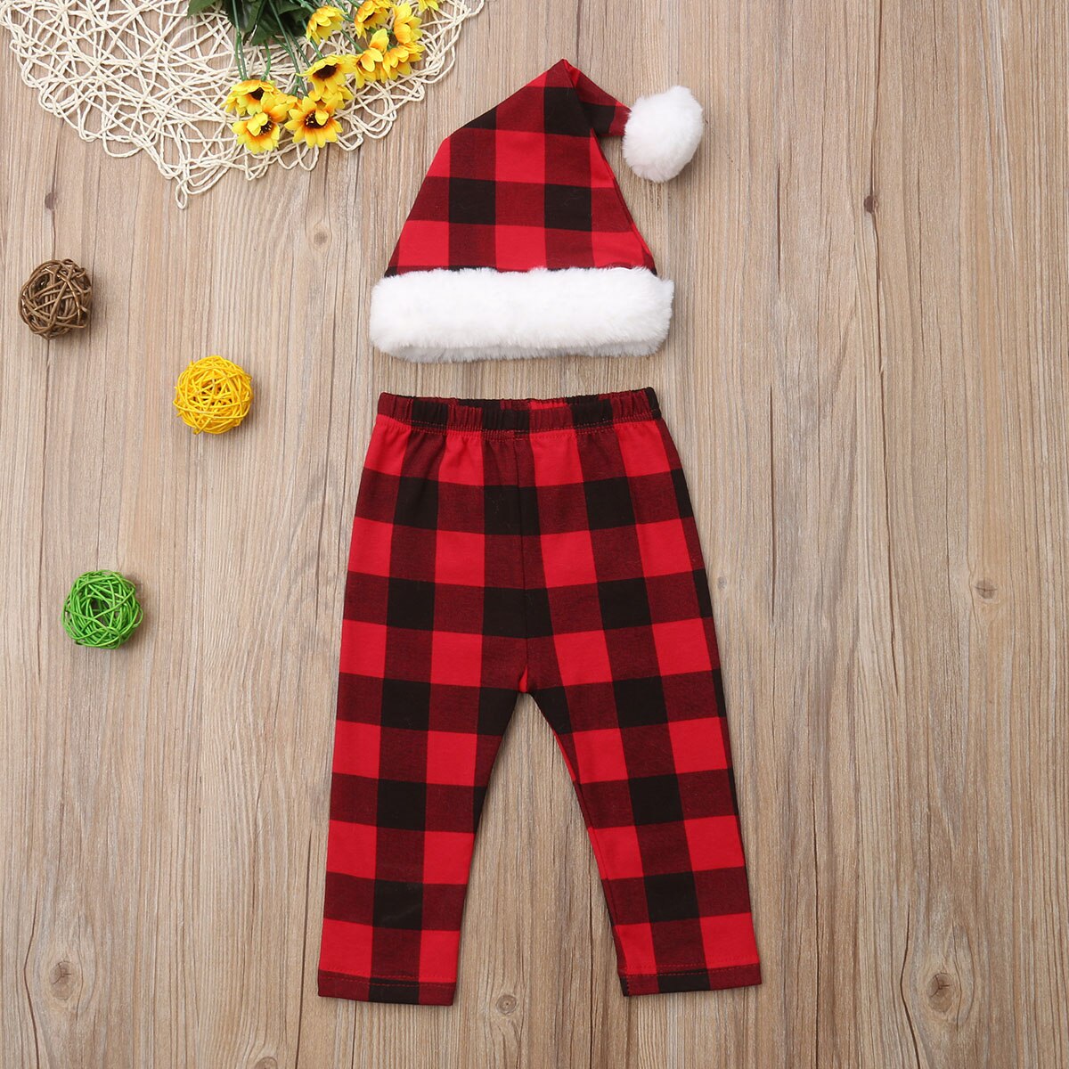 Sombrero + Pantalones de Papá Noel A rayas a cuadros para bebés y niños, traje de juego de accesorios para fotos, sombrero de Navidad, disfraz