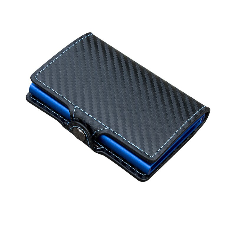 RFID Blocking Slim Carbon Fiber Leather Wallet Metal Card Case Coin Pocket Purse Minimalist Aluminum Wallet ID Card Holders: blue