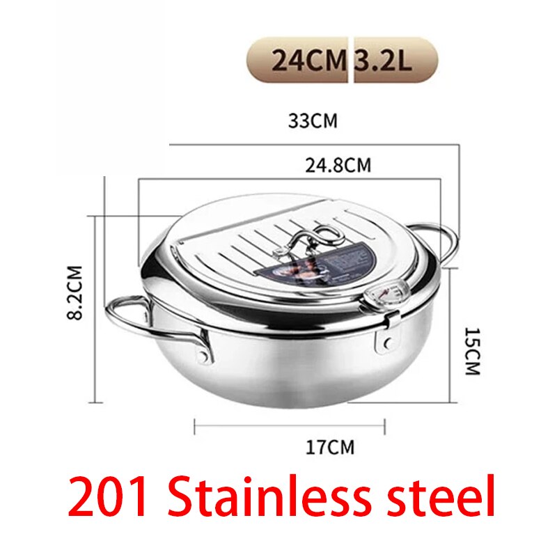 Fryer Pot with Thermometer Tempura Fryer Pan Kitchen Deep Frying Pot With Oil Drain Rack Kitchen Utensils Cookware: 24cm 201