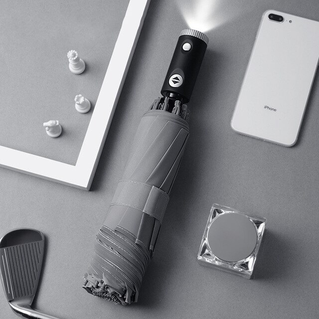 Automatic Umbrella 10 Ribs Windproof Reflective Stripe Umbrella Folding Travel Umbrellas with LED Light Flashlight: Light Grey