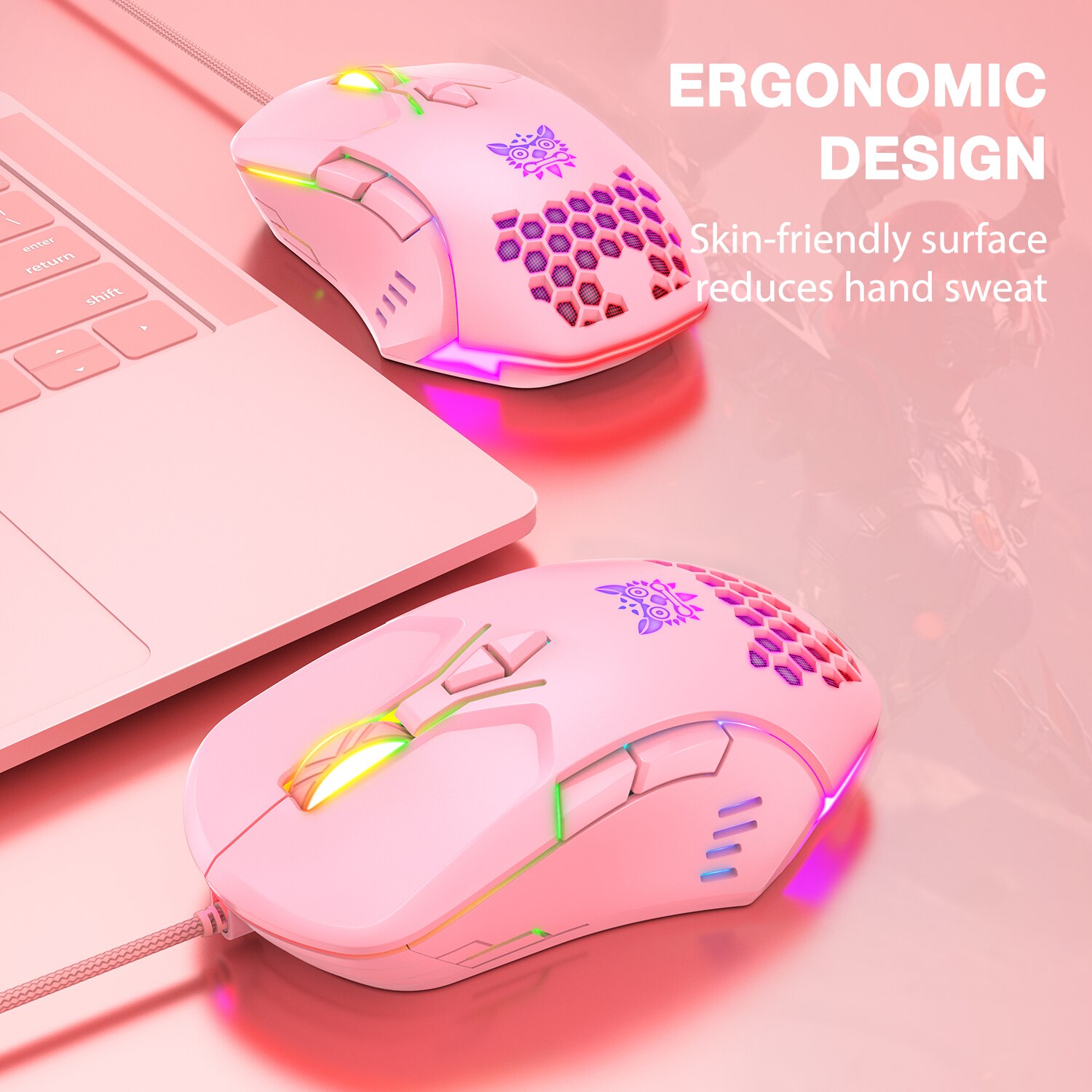 ONIKUMA CW902 Wired Gaming Mouse Cute Pink RGB 6400 DPI Optical Ergonomic USB Mice For PC Laptop Computer