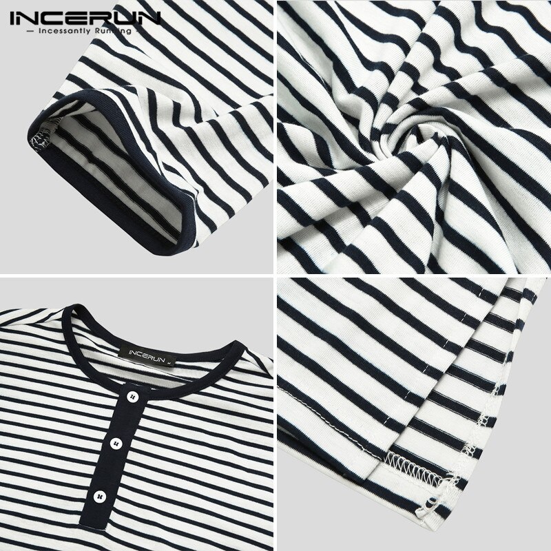 INCERUN Striped Men Sleep Tops Long Sleeve Breathable Casual O Neck Comfortable Dressing Gown Loose Sleepwear Mens Homewear