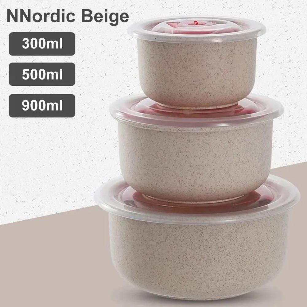3pcs 300/500/900ml Wheat Straw Food Storage Containers with Lid Microwave Safe Cereal thickening Bowl With silicone seal: Beige