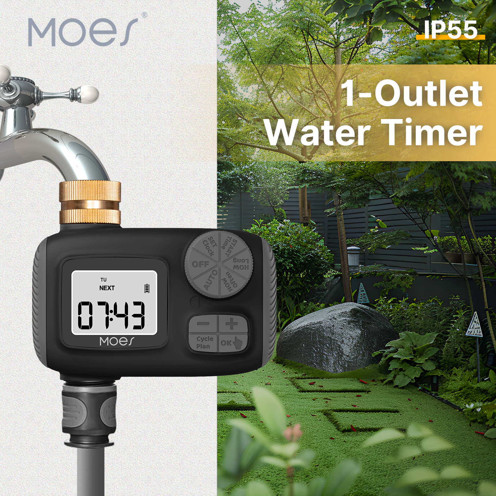 Moes Water Timer 1-Outlet Ip55 Waterdicht Messing Inlaat Draaiknop Knop Met Lcd-Scherm Regen Vertraging Kind Lock