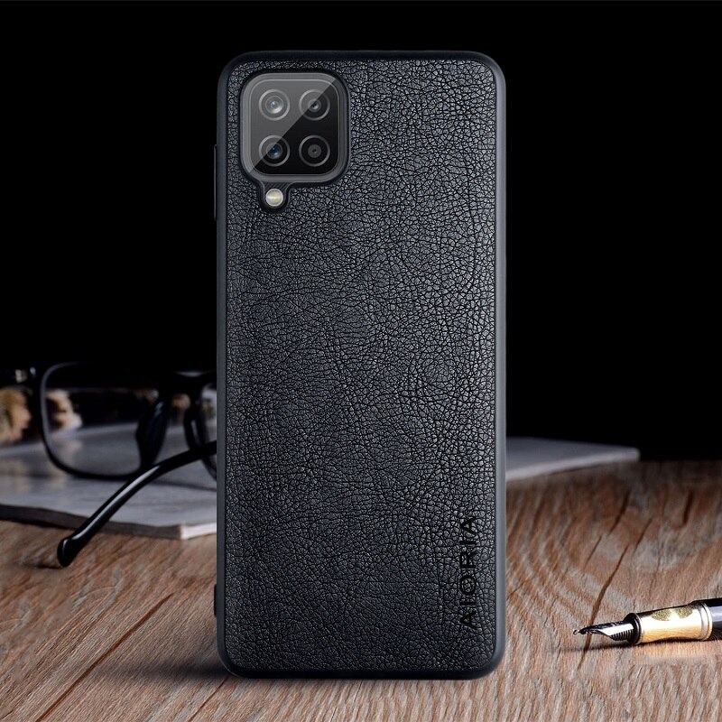 Case Voor Samsung Galaxy A12 Funda Luxe Vintage Leather Skin Coque Telefoon Soft Cover Voor Samsung Galaxy A12 Case Capa: Black