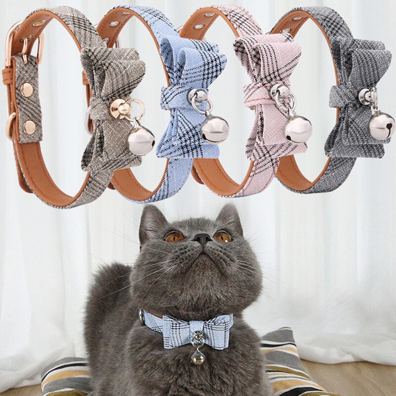 Collar de pu para mascotas, pajarita para perro, collar con campana para gato, rayas, estilo de caballero, 4 colores, collar ajustable para mascotas, producto