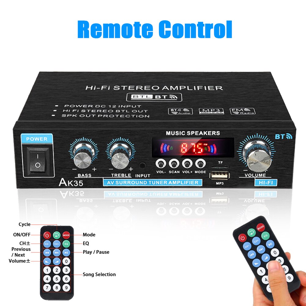 AK35 800W Home Car Amplifiers 2 Channel bluetooth 5.0 Surround Sound FM USB Remote Control Mini HIFI Digital Amplifier Stereo