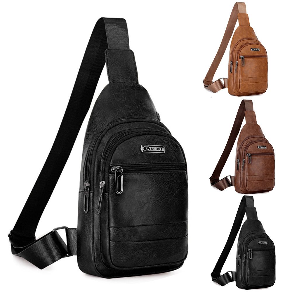 Men's Bags Leather Sling Zipper Pack Chest Shoulder Crossbody Bag