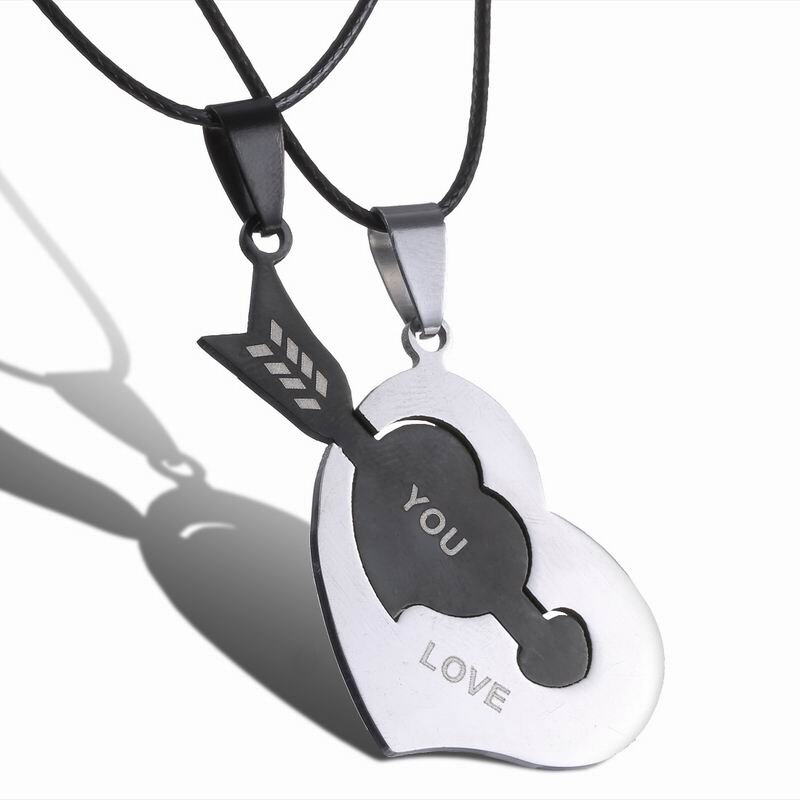 Couples Pendant Necklaces For Women Men Leather Rope Stainless Steel Puzzle Black Arrow Heart Necklace Charms Jewellery: Default Title