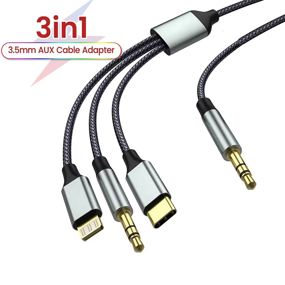 3- in -1- aux audio cable type c/lightning to 3,5- mm plug cable for car headphones, telephone, usb c, ios to 3,5 mm aux converter jack cable