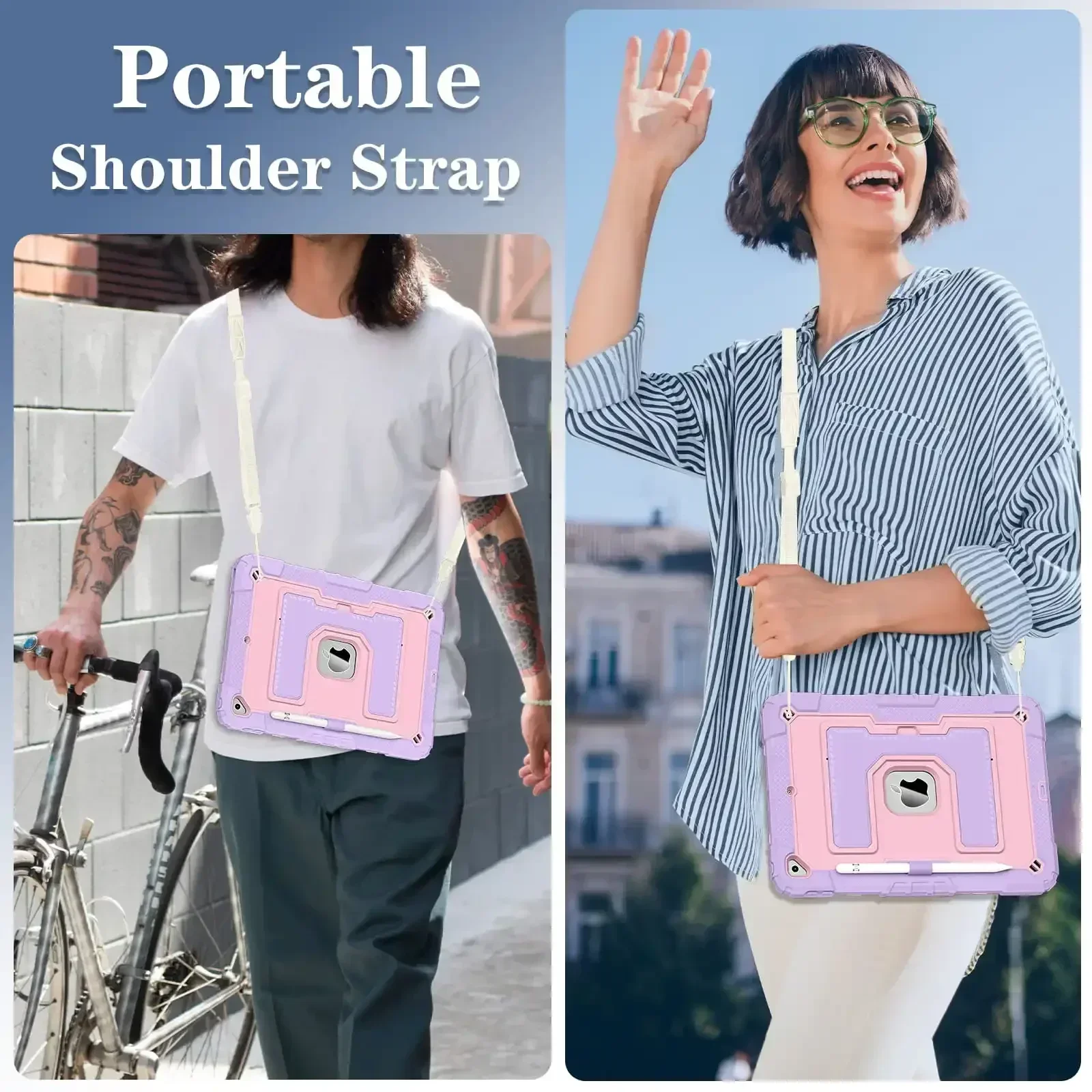 Etui til ipad 10.2 7th 8th 9th 10 , sikkert silikone + pc skulderrem, stødsikkert stativ, tabletcover, håndtag, stativ, robust fundas