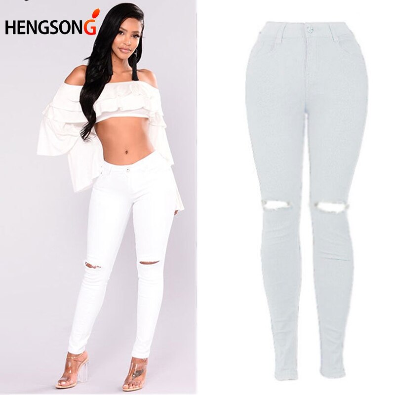 Witte gescheurde jeans voor dames, coole denim, hoge taille, elastische broek, capribroek, skinny, zwarte casual pencil jeans  ho833795