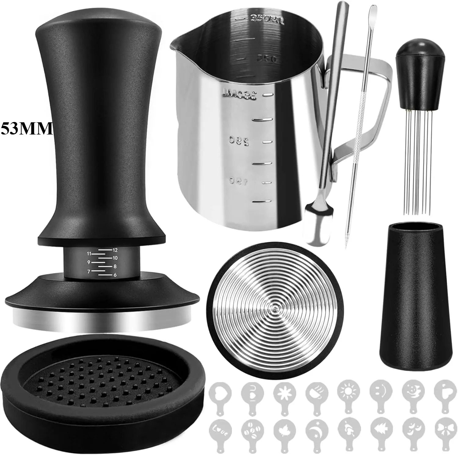 22 stk. espressotilbehørssett, 51/58mm barista-sett med wdt-verktøy, melkeskummer, lattekunstpenn, kafferører, tampermatte: Lys gul