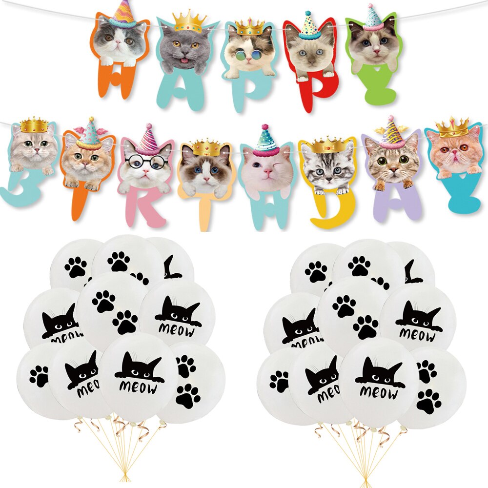 1 Set Meow Balloons Happy Birthday Banner Cake Toppers Cat Meow Globos for Cat Themed Birthday Party Decor Supplies Kids Ballons: No5 21pcs set