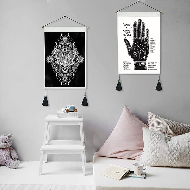 Tapiz de fase manual de lona negra, decoración del hogar, macramé, dormitorio, arte, mariposa, colgante de pared, tapices de borlas, fondo artístico de tela