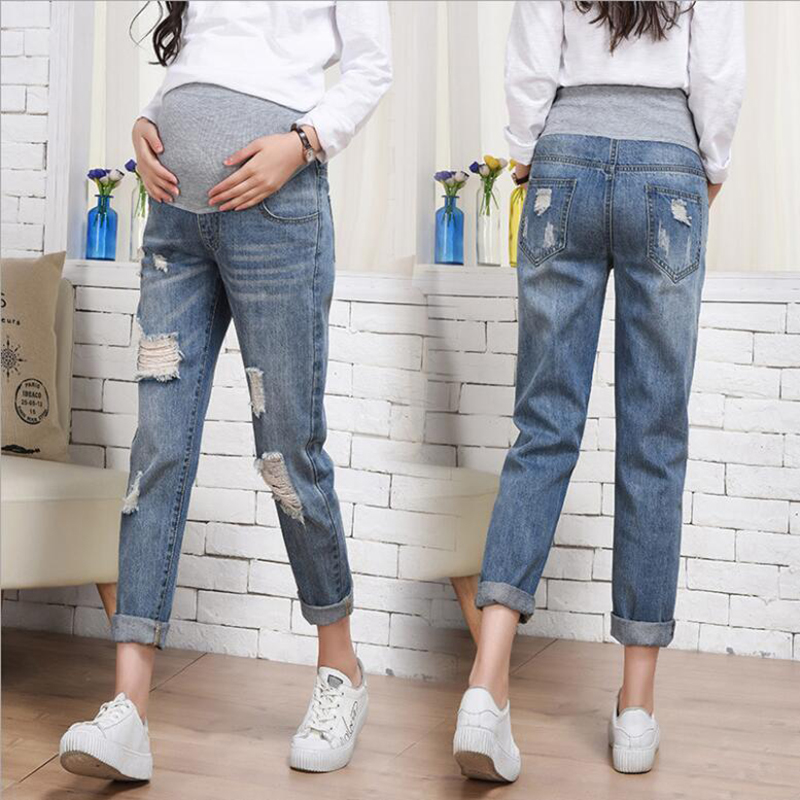 Vår høst gravid slitasje gravid klær for gravide bukser uformelle kvinner bukser rett pluss størrelse hull jeans  w017