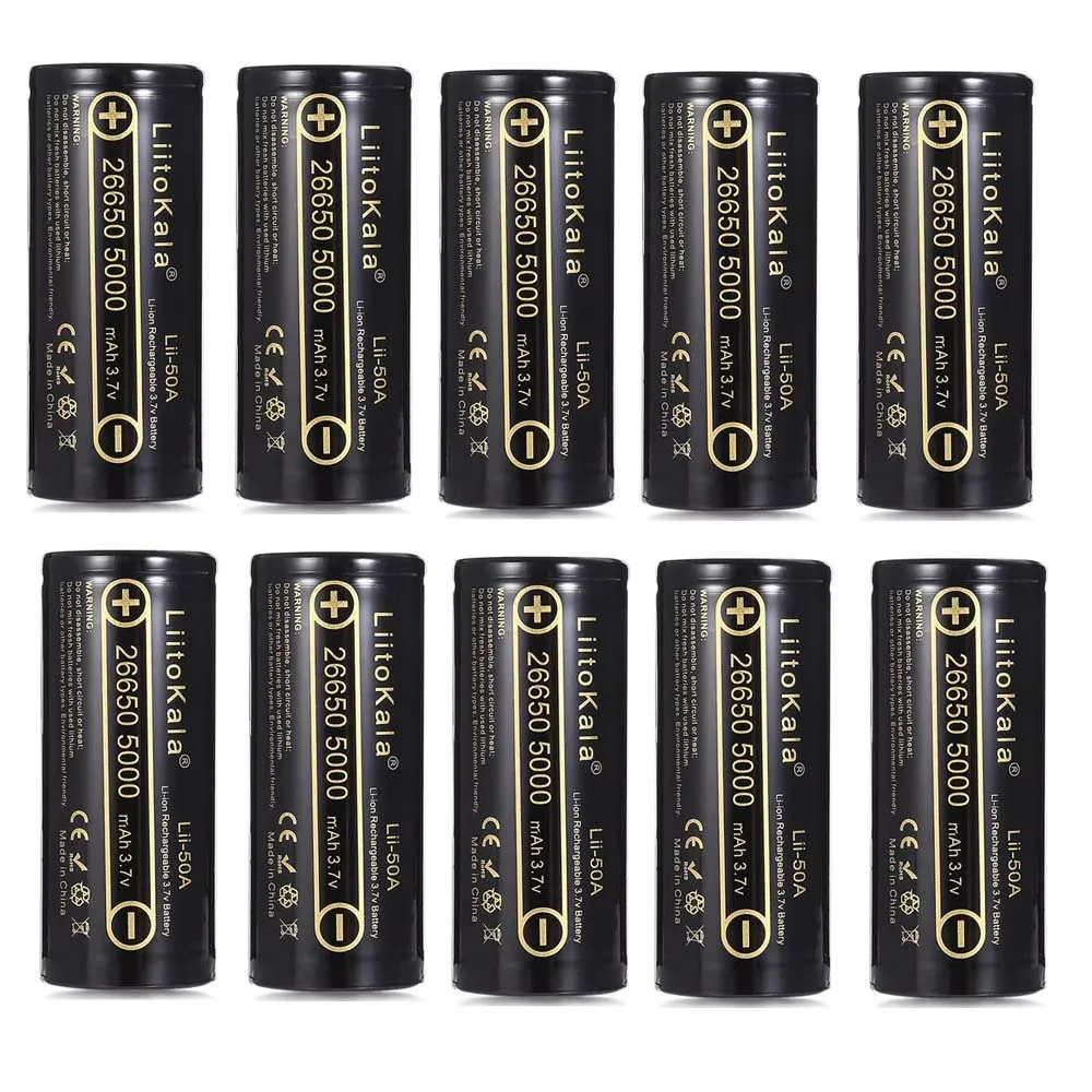 LiitoKala 3.7V 26650 5000mah Li-ion Rechargeable Battery For Strong Flashlight, Power batteries 20A Discharge Capacity