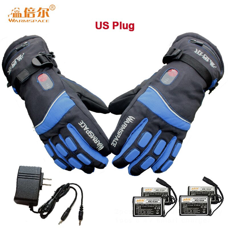 Warmspace 7,4 V guantes eléctricos recargables calentados con batería de litio de esquí guantes de invierno calientes calentados para ciclismo guantes de esquí: Blue US plug / XL