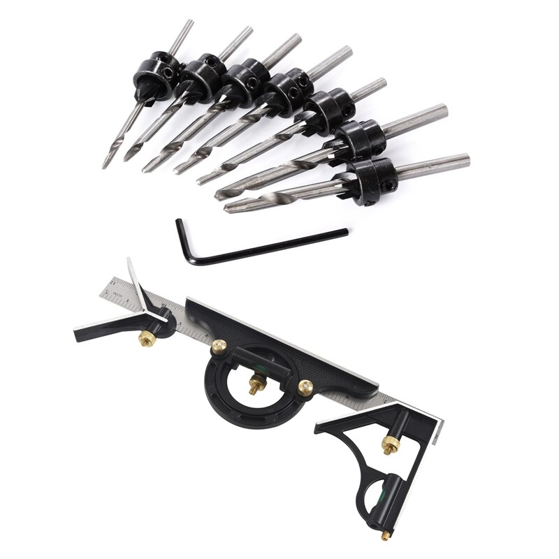 22 Pcs Countersunk Drill Bit Set With Combination Square Set Angle Finder &amp; Protractor Spirit Level Ruler Mitre