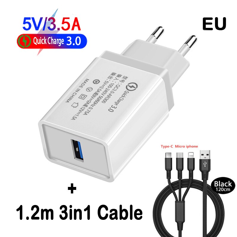 18W US EU Portable Mobile Phone Charger QC 3.0 Fast Charger Adapte For iphone Samsung Huawei Xiaomi: EU 3in1 Cable White