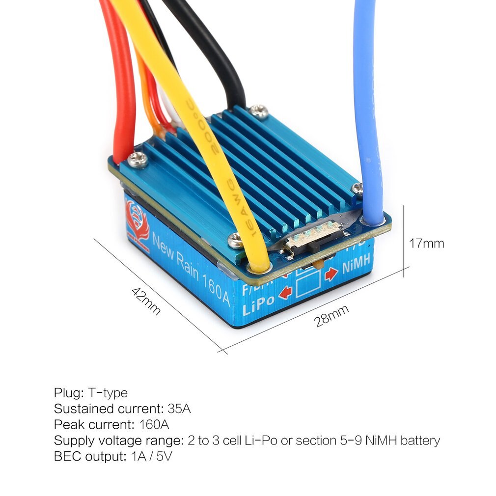 Waterproof Brushed ESC 160A 3S with 5V 1A BEC T-Plug For 1/12 RC Car T Plug Multiple Protection Bidirectional operation mode