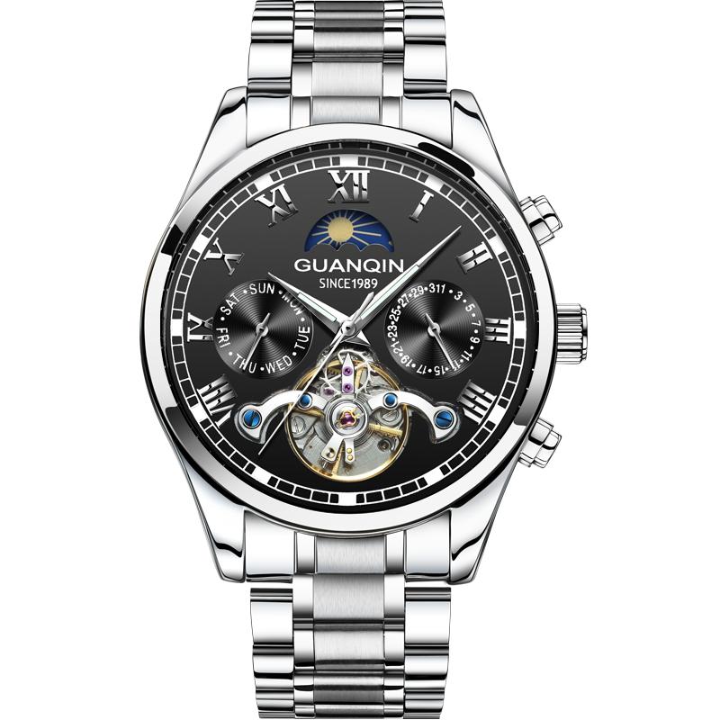 GUANQIN-Reloj de GJ16149-Men, Tourbillon automático, mecánico, resistente al agua 30M, con caja de acero inoxidable luminosa: Silver black