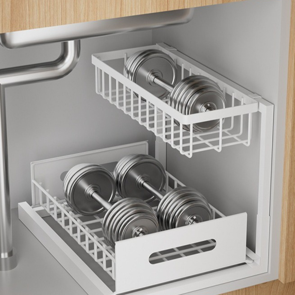 Estante de almacenamiento tipo tirador para fregadero inferior, organización de condimentos de mesa, cesta extraíble, cajón, estante de almacenamiento, superficie, gabinetes de cocina: Blanco