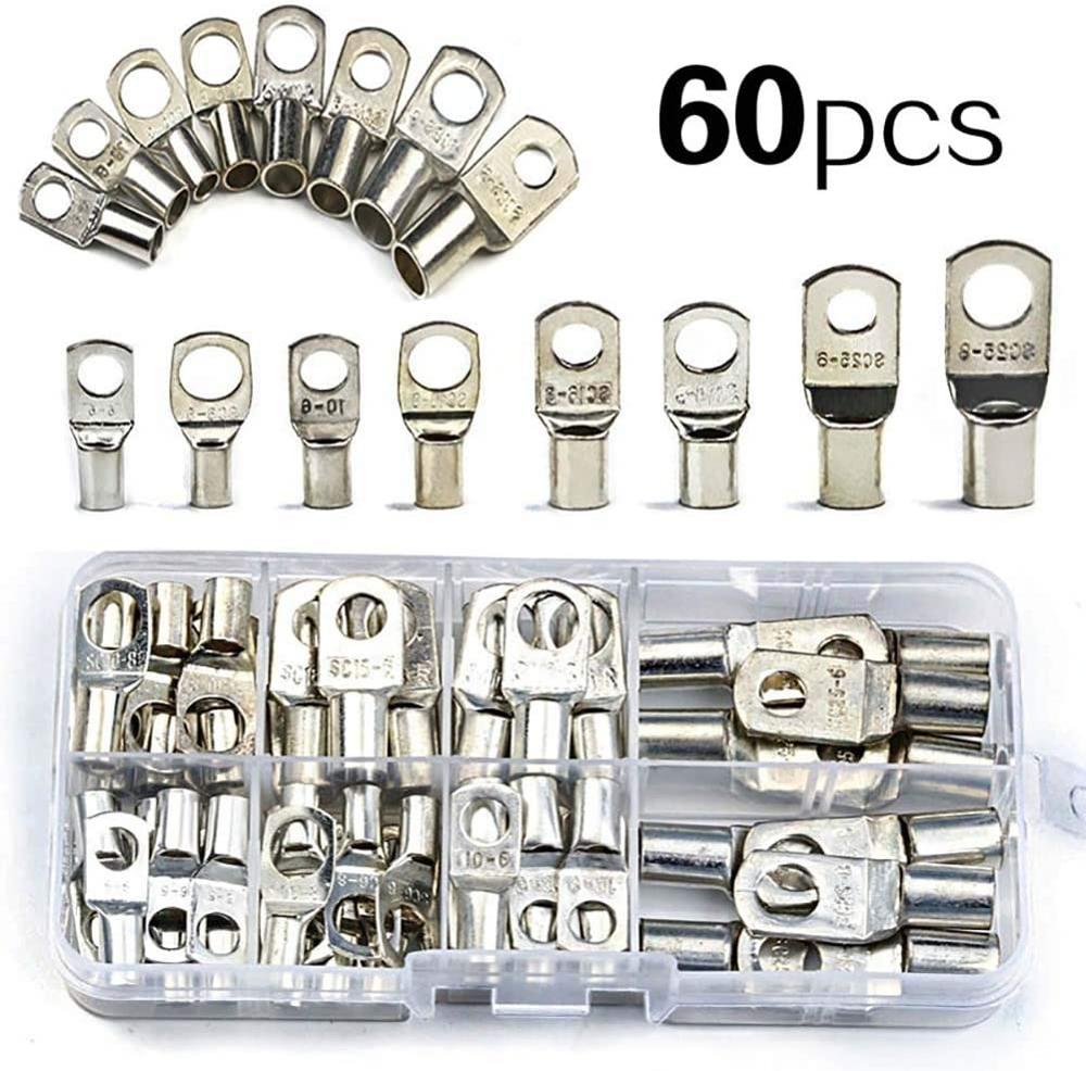 Surtido de 60 uds de Terminal de anillo de cobre para coche, conector de engarzado de Cable desnudo, terminales de batería, Kit de conectores soldados HX-50B: Morado