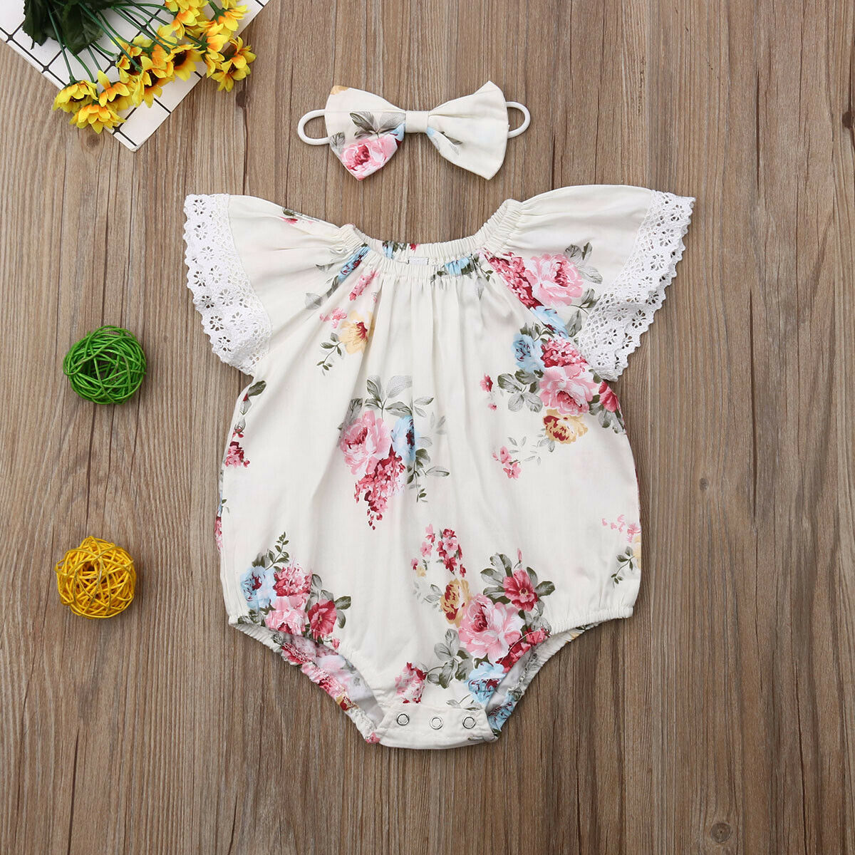 Baby Summer Clothing 0-24M Infant Baby Girls Boys Jumpsuits Headband 2pcs Floral Print Ruffles Short Sleeve Bodysuits Sets