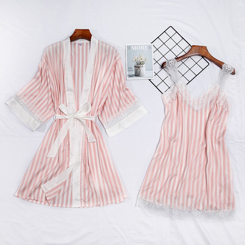 Camisón de seda con bata para mujer, conjunto de ropa de dormir de 2 piezas, de manga larga, para estar en casa