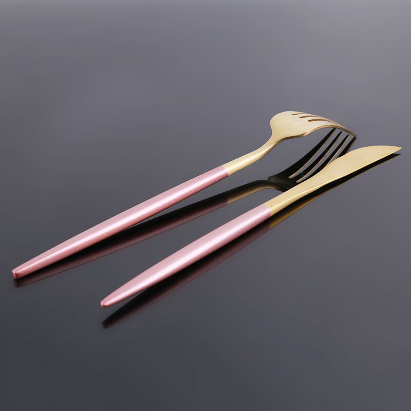 Pink håndtag rustfrit stål bestik sæt rustfrit stål bestik sæt belagt servise middagssæt gaffelkniv