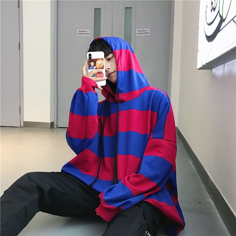 Spring And Autumn Youth Trend Japanese Wild College Wind Boys Leisure Loose Color Hooded Striped: gules / L