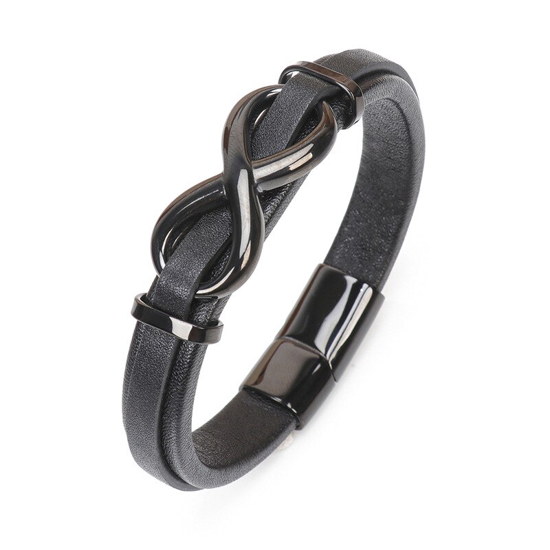 Mkendn zwarte titanium roestvrijstalen magnetische leren armband voor heren en dames, infinity sieraden, power bangels, vriendschap