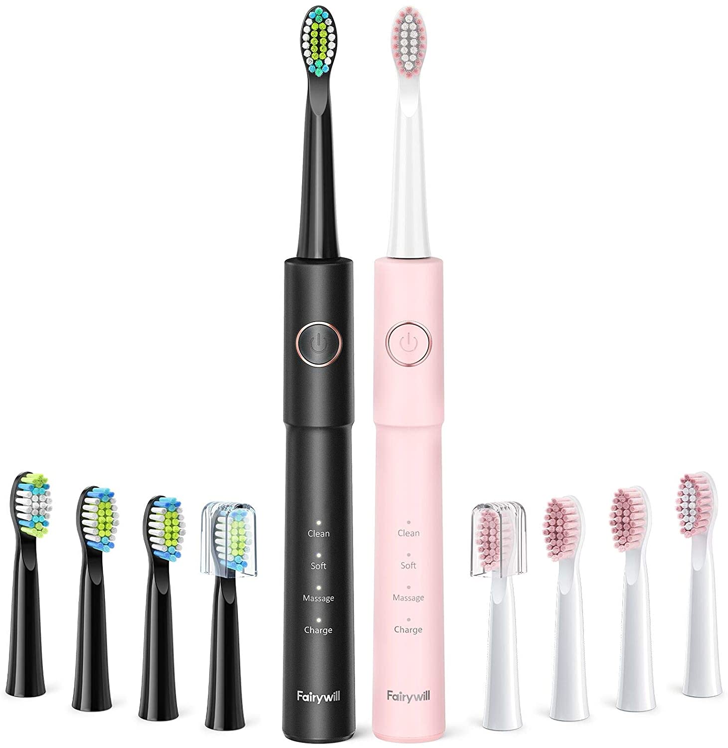 Fairywill E11 Sonic Electric Toothbrush 8 Brush Replacement Heads Waterproof USB Charge Rechargeable Electric Toothbrush Adult: Black and Pink