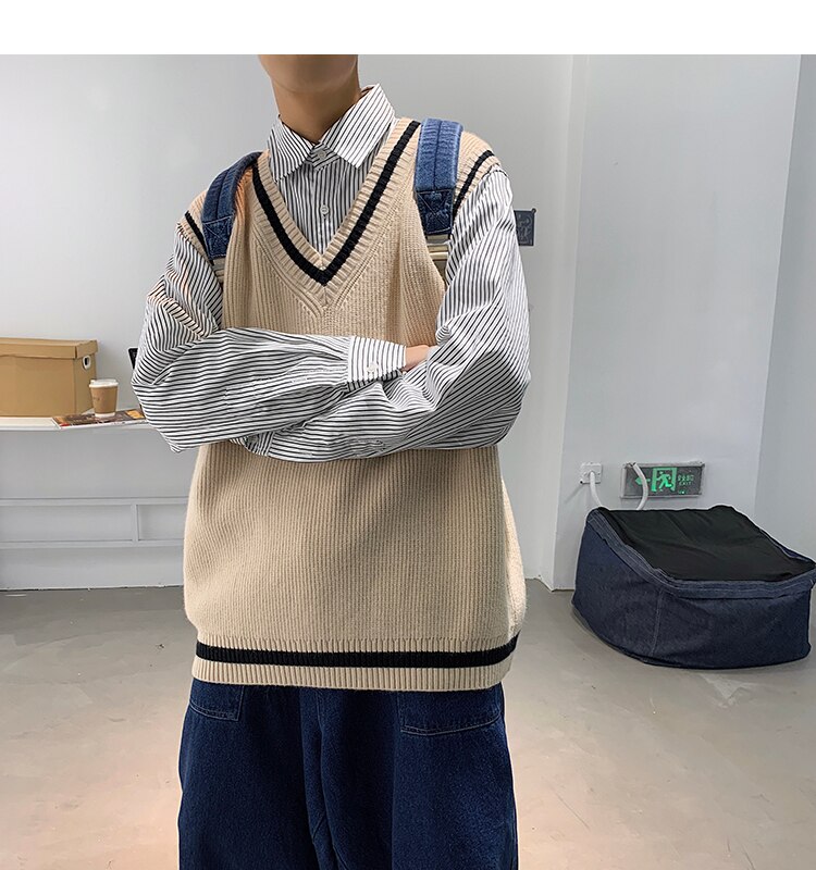 Suéter de punto a rayas con cuello de pico para hombre, chaleco Harajuku coreano, ropa de calle para hombre, ropa cómoda y versátil,