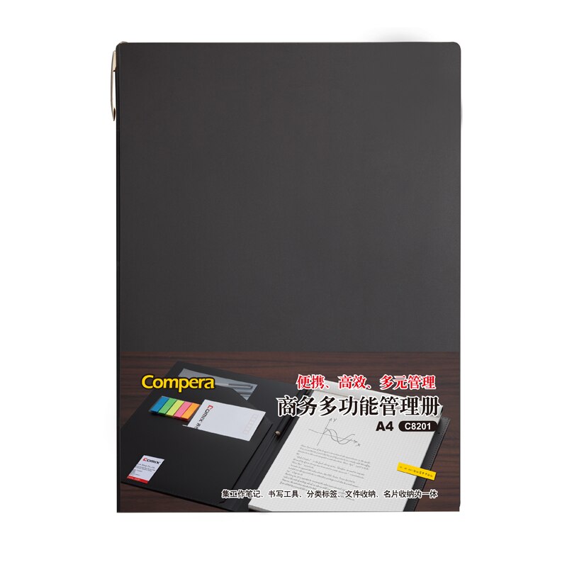 Office padfolio A4 classic black file folder,Work notes and plans,Multi-function manager folder,with label,gel pen and notepad