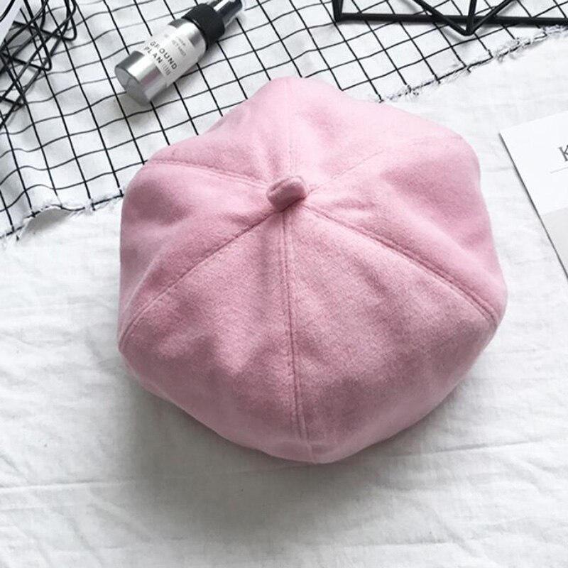 Auutmn Winter Hüte für Frauen Solide schlicht Achteckige Zeitungsjunge Kappen Männer Damen lässig Wolle Hütte Winter Baskenmütze Frauen Maler kappe: Rosa