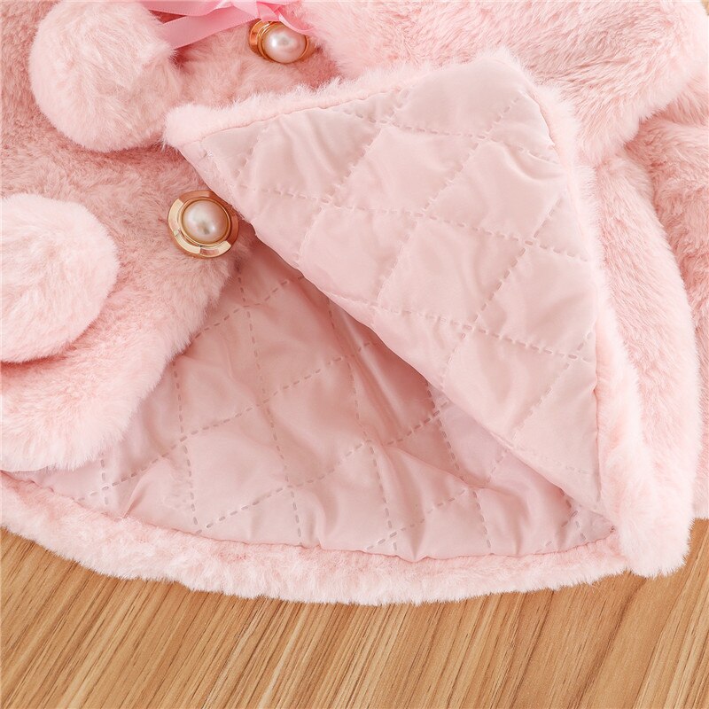 Warm Winter Jassen Kids Baby Effen Kleur Brede Revers Lange Mouwen Bontjas Met Pompoms Parel Leuke Uitloper Kleding Meisje 0-4 Jaar