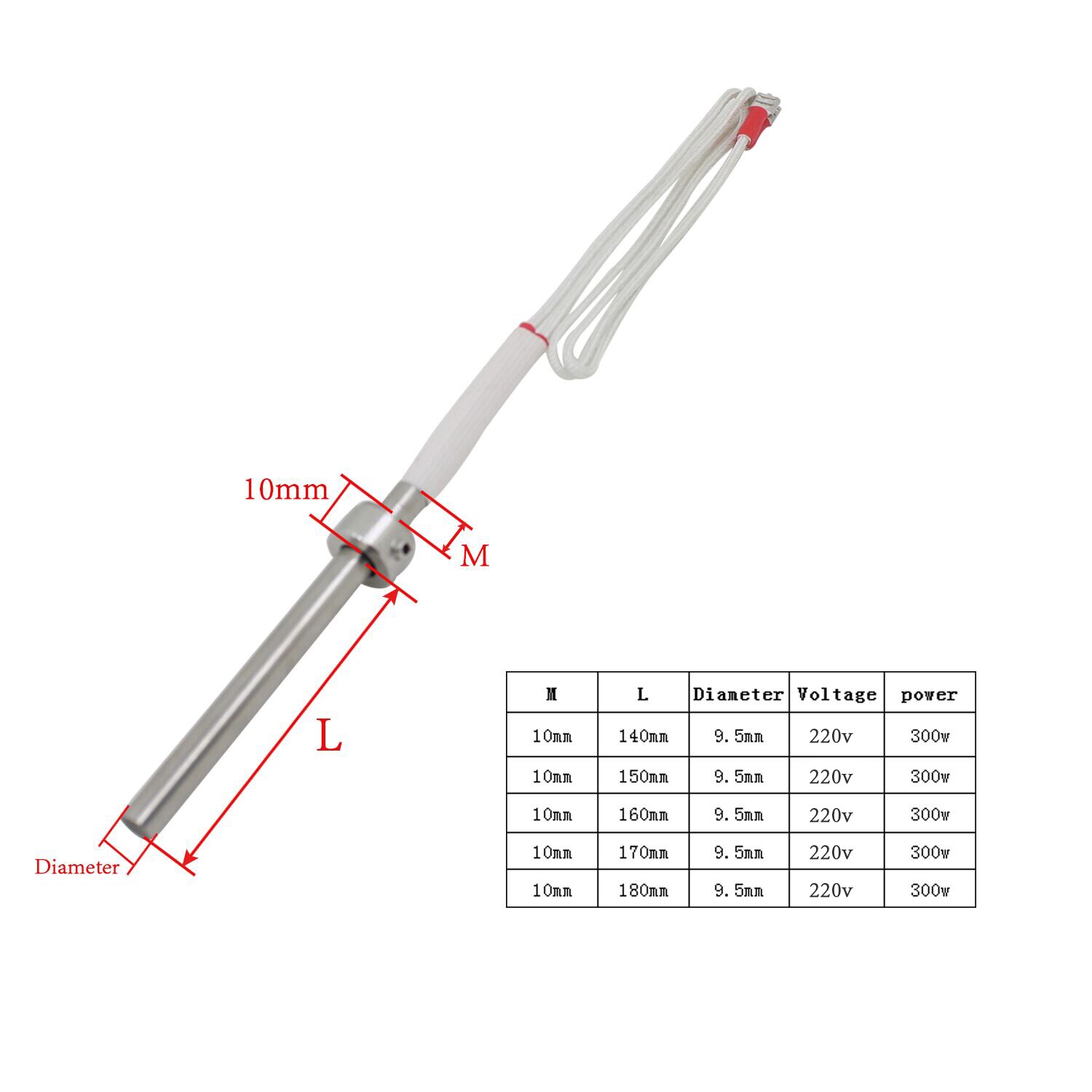 Tändelement för pelletsspis med skruv 220v 300w diameter 9.5mm pelletsantändning 140 150 160 170 180mm
