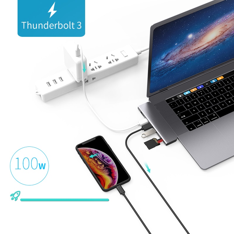 Usb 3.1 typ-c hubb till hdmi-adapter 4k thunderbolt 3 usb c-hub med hubb 3.0 tf sd-läsarplats pd för macbook pro/air -