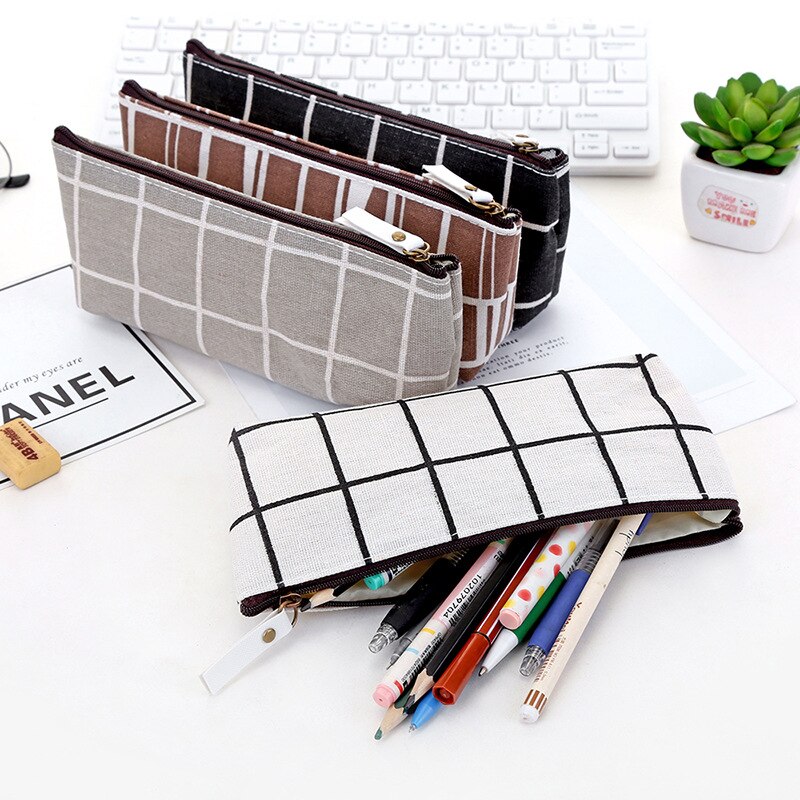 Canvas Pencil Case School Pencil Bag Pencilcase Pen Bag Cute Simple Striped Grid Pencil Box School Tools