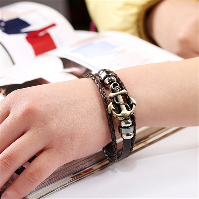Wit/Brons Drie-Kleur Anker Accessoires Mannen En Vrouwen Punk Gevlochten Lederen Armband Sieraden Zee Charme paar Armband