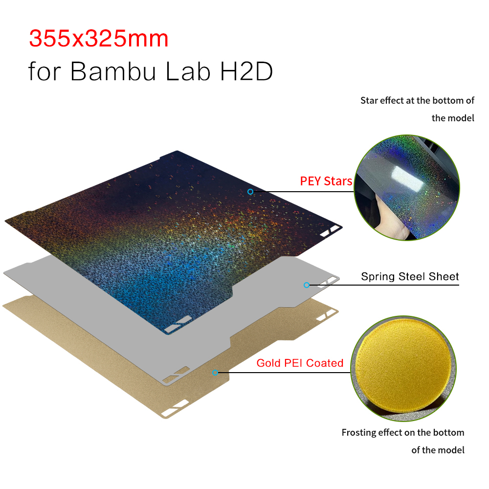 XCR3D For Bambu Lab h2d build plate hotbed Double Sided Bambulab H2D smooth Textured PEI Plate Accessories 350x320*0.75mm: green