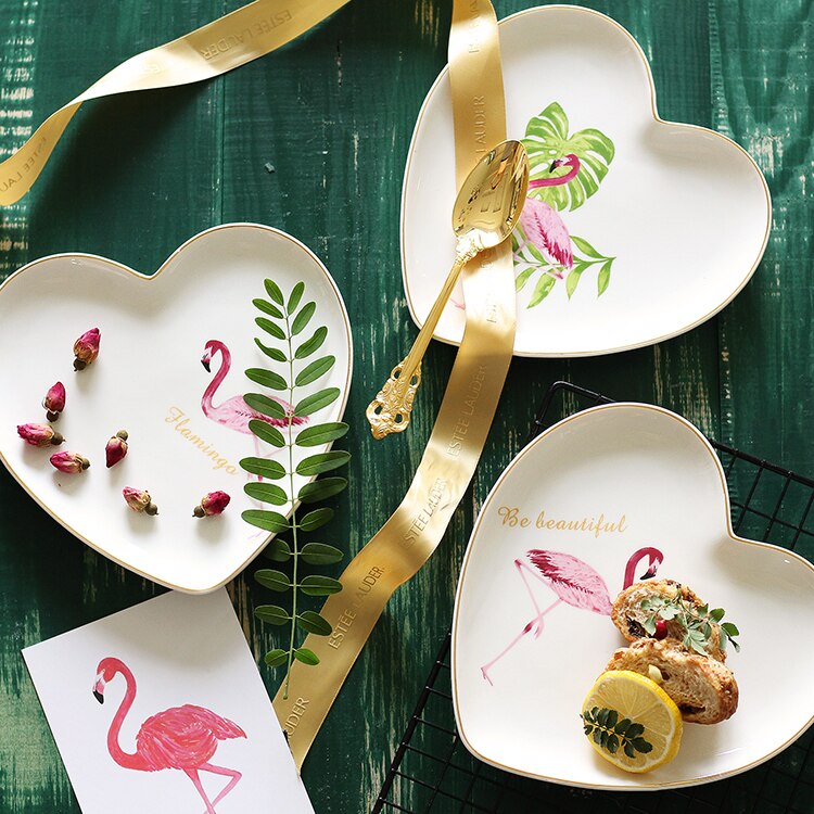 Ins Flamingo Plate Ceramic Porcelain Heart-shaped Pastry Dish Spaghetti Plates Fruit Saucer Home Tableware Dinnerware