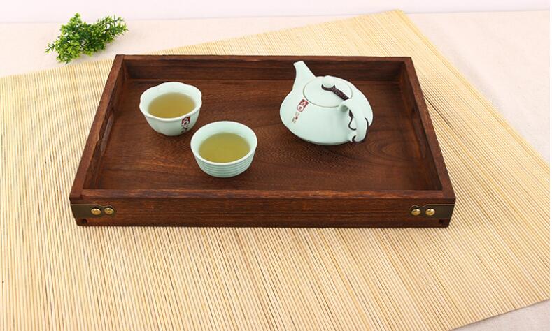 Juego de 3 bandejas de servicio de anidación de madera marrón oscuro de estilo antiguo, con asas cortadas, bandeja de madera, mesa de servicio para té Gong Fu