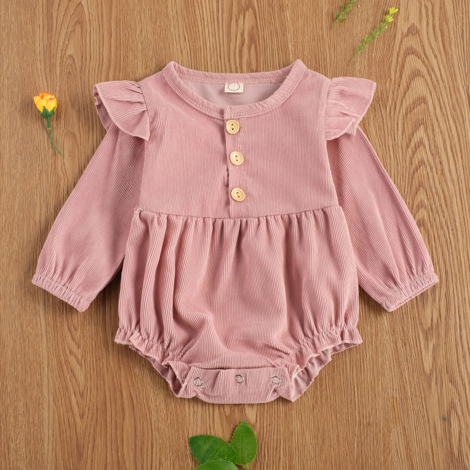 Focusnorm Herfst Mooie Baby Meisjes Jongens Bodysuits Knop Lange Mouwen Ruches Effen Jumpsuits 3 Kleuren